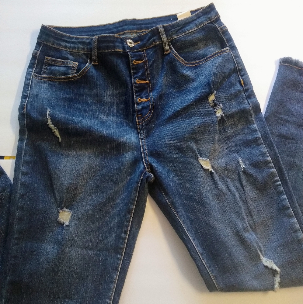 XL High Waisted Button Fly Ripped Skinny Jeans